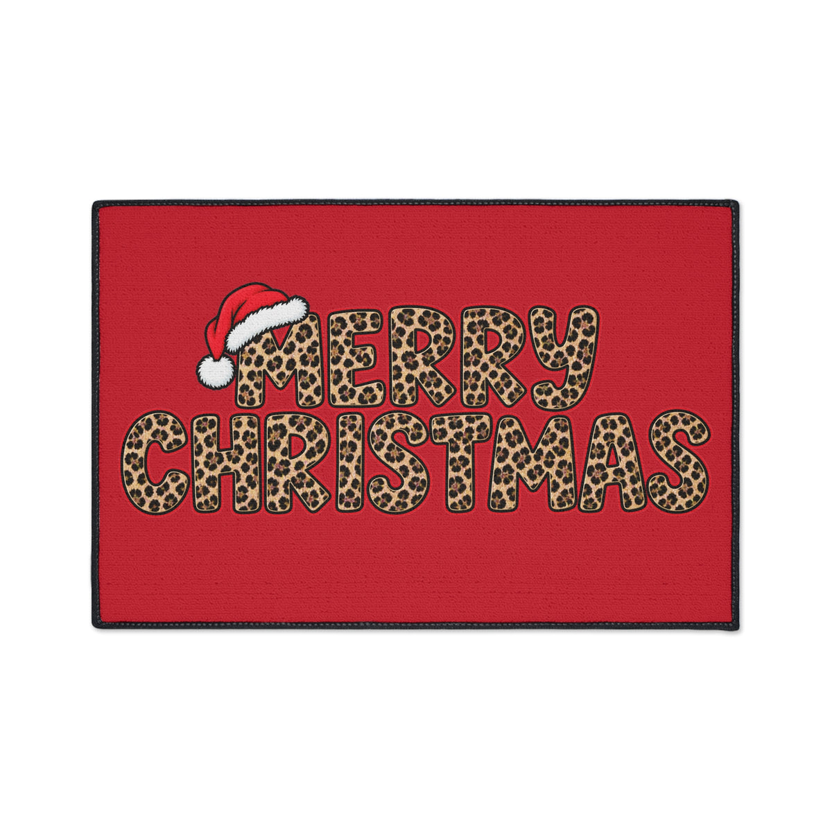 Christmas Leopard Print Floor Mat – "Merry Christmas" with Santa Hat