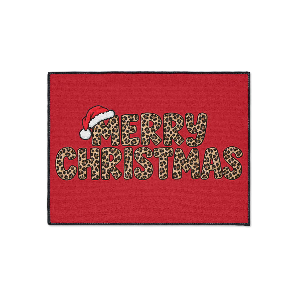 Christmas Leopard Print Floor Mat – "Merry Christmas" with Santa Hat